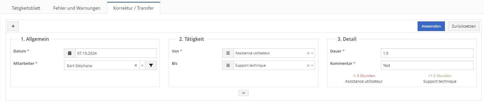 Korrekturen und Transfers für Tätigkeiten