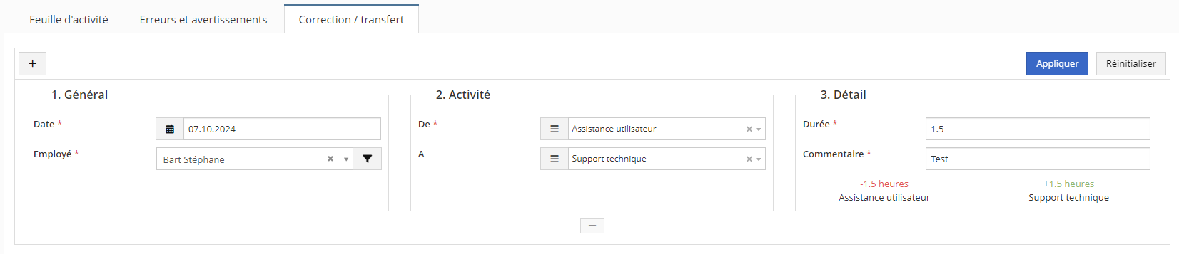 Corrections et transferts d'activités