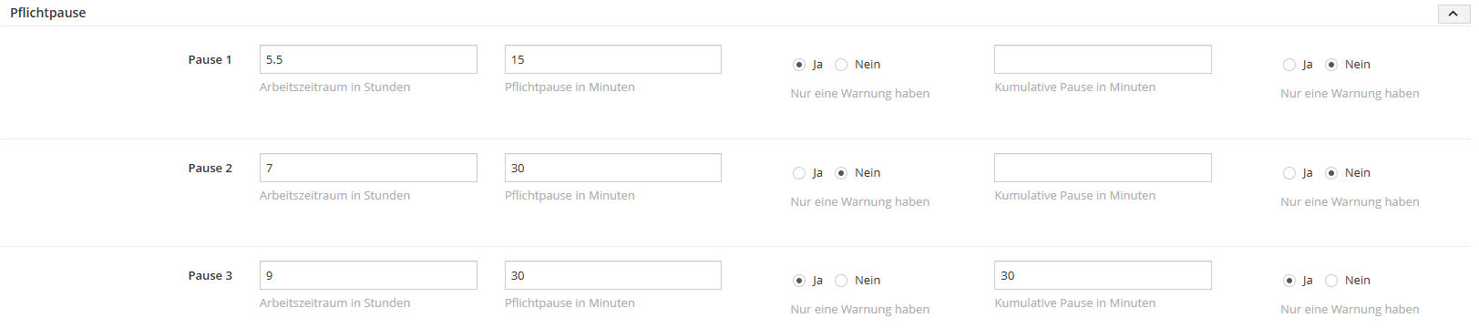 Warnungen für Pflichtpausen