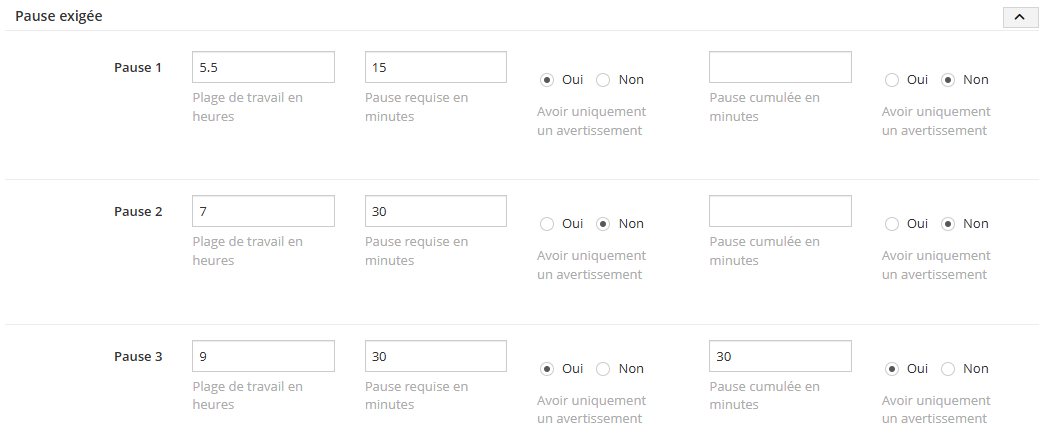 Avertissements pour pause exigée
