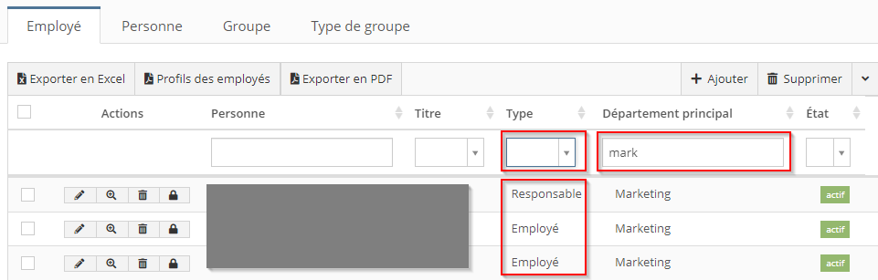 Filtres liste des employés