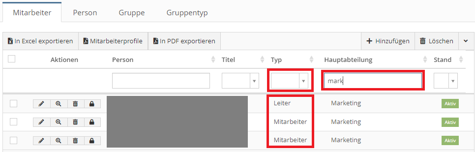 Filter Mitarbeiterliste