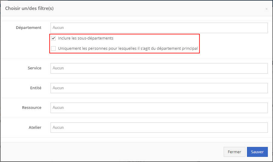 Filtres départements
